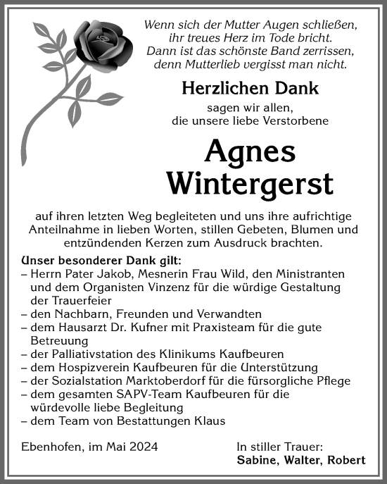 Traueranzeige von Agnes Wintergerst von Allgäuer Zeitung, Marktoberdorf
