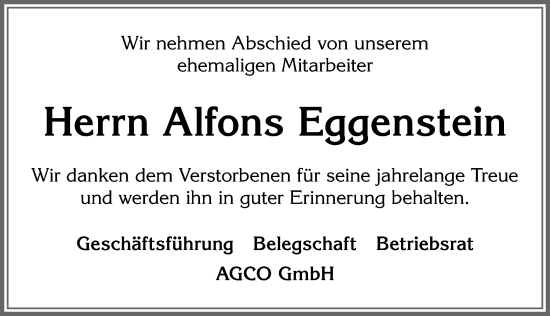 Traueranzeige von Alfons Eggenstein von Allgäuer Zeitung, Marktoberdorf