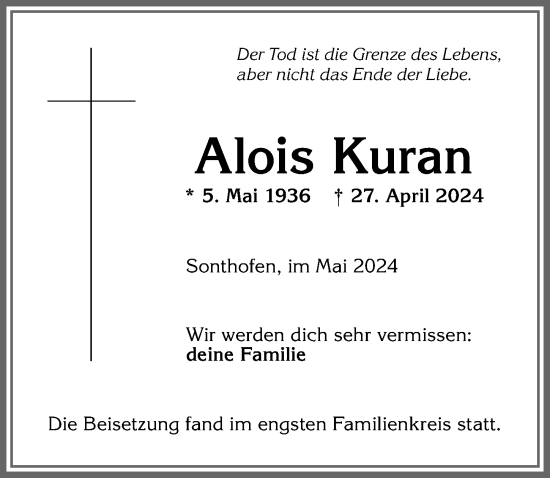 Traueranzeige von Alois Kuran von Allgäuer Anzeigeblatt
