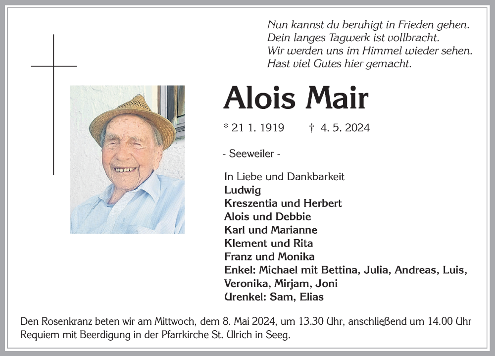  Traueranzeige für Alois Mair vom 07.05.2024 aus Allgäuer Zeitung, Füssen
