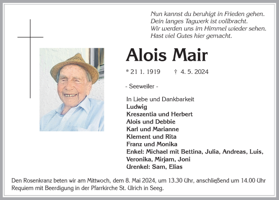 Traueranzeige von Alois Mair von Allgäuer Zeitung, Füssen