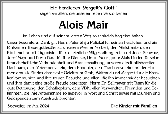 Traueranzeige von Alois Mair von Allgäuer Zeitung, Füssen