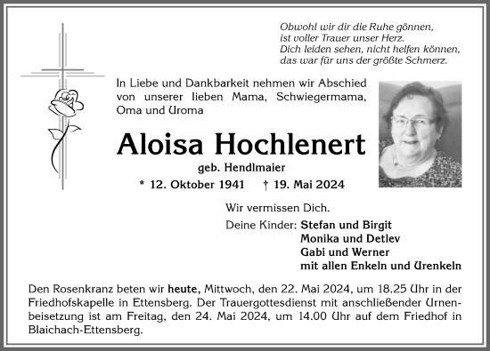 Traueranzeige von Aloisa Hochlenert von Allgäuer Anzeigeblatt