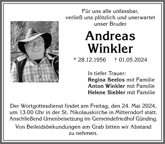 Traueranzeige von Andreas Winkler von Allgäuer Zeitung,Kempten