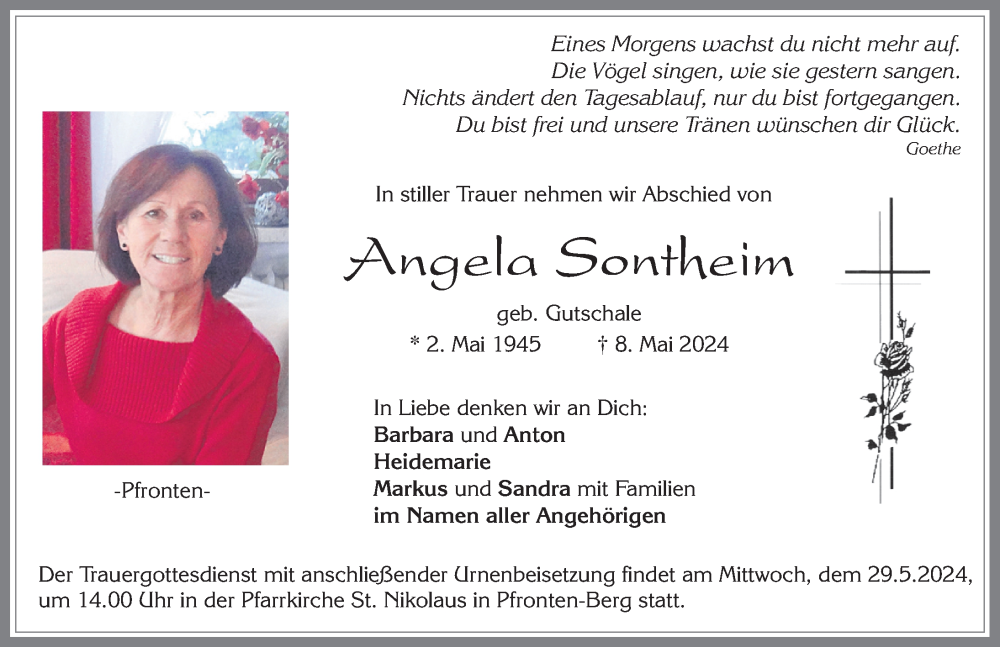  Traueranzeige für Angela Sontheim vom 25.05.2024 aus Allgäuer Zeitung, Füssen