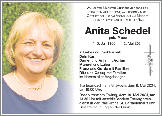 Traueranzeige von Anita Schedel von Illertisser Zeitung, Augsburger Allgemeine