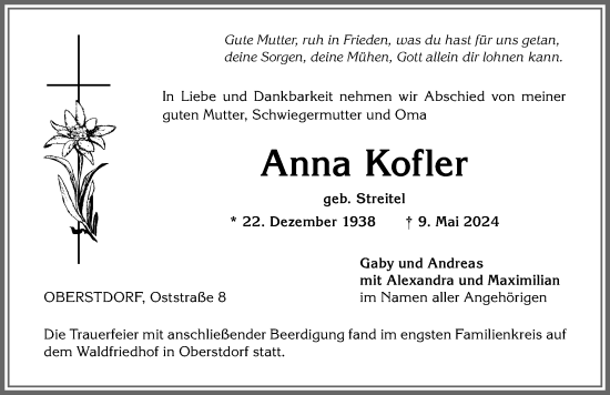 Traueranzeige von Anna Kofler von Allgäuer Anzeigeblatt