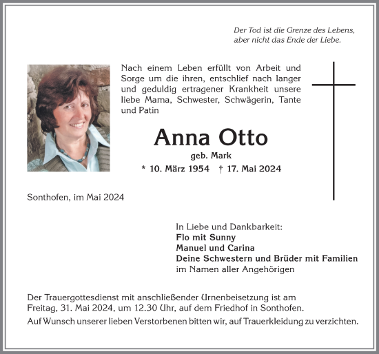 Traueranzeige von Anna Otto von Allgäuer Anzeigeblatt