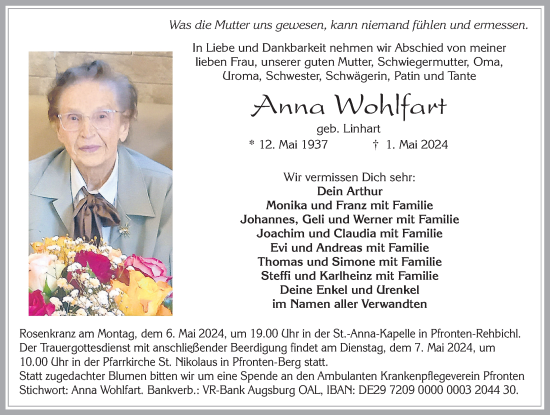 Traueranzeige von Anna Wohlfahrt von Allgäuer Zeitung, Füssen