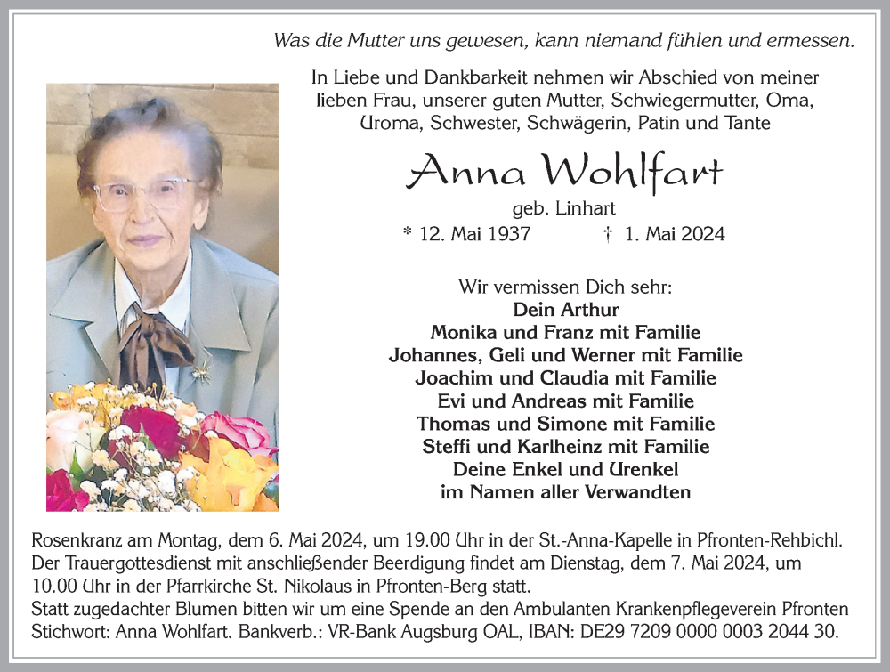  Traueranzeige für Anna Wohlfahrt vom 04.05.2024 aus Allgäuer Zeitung, Füssen