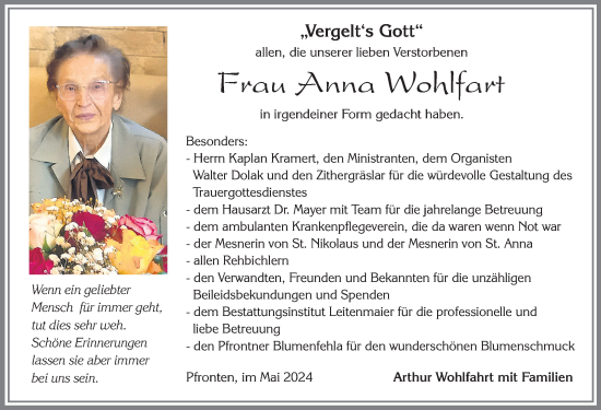 Traueranzeige von Anna Wohlfart von Allgäuer Zeitung, Füssen