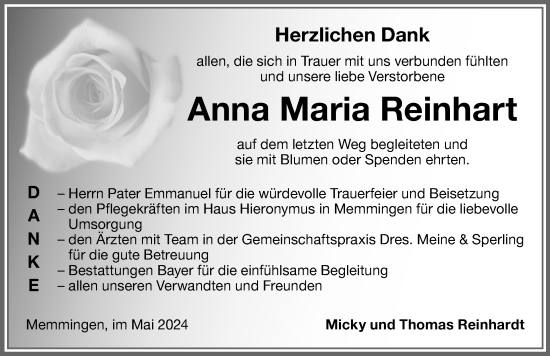 Traueranzeige von Anna Maria Reinhart von Memminger Zeitung