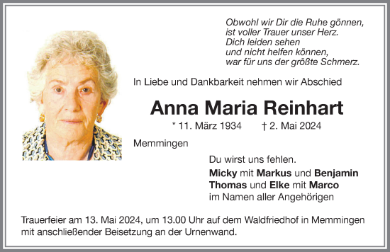 Traueranzeige von Anna Maria Reinhart von Memminger Zeitung