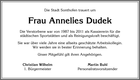 Traueranzeige von Annelies Dudek von Allgäuer Anzeigeblatt