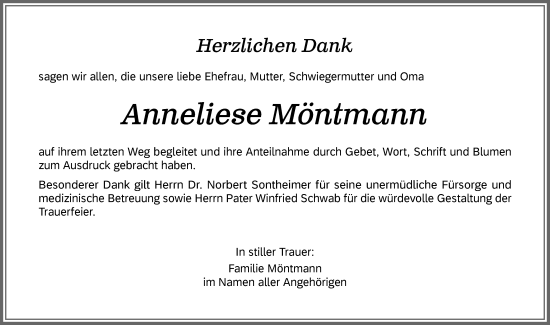 Traueranzeige von Anneliese Möntmann von Memminger Zeitung