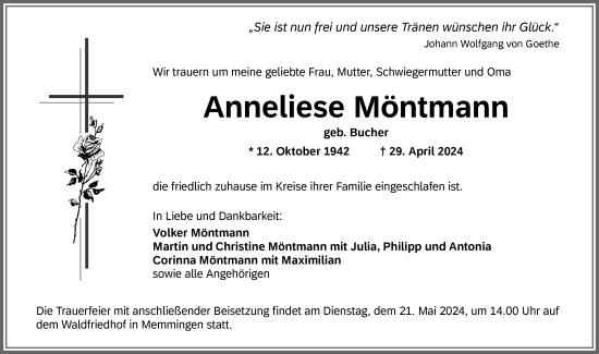 Traueranzeige von Anneliese Möntmann von Memminger Zeitung