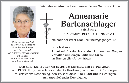 Traueranzeige von Annemarie Bartenschlager von Mindelheimer Zeitung, Augsburger Allgemeine