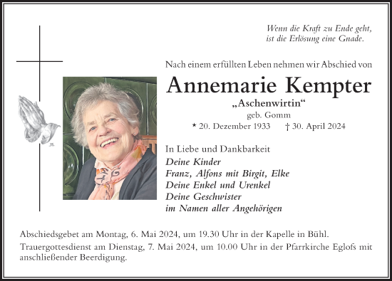 Traueranzeige von Annemarie Kempter von Der Westallgäuer