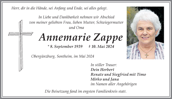 Traueranzeige von Annemarie Zappe von Allgäuer Zeitung, Marktoberdorf