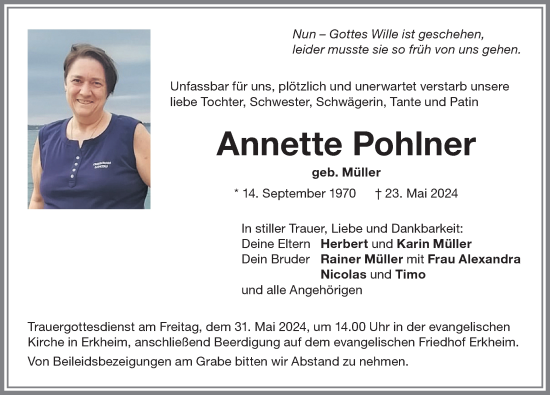 Traueranzeige von Annette Pohlner von Memminger Zeitung