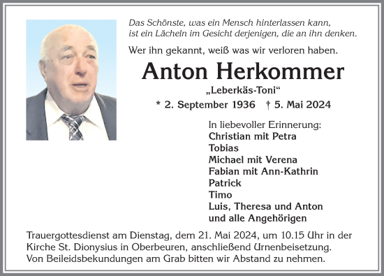 Traueranzeige von Anton Herkommer von Allgäuer Zeitung, Kaufbeuren/Buchloe