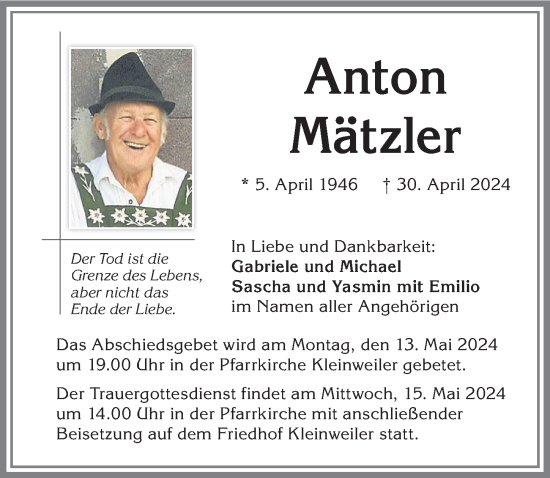Traueranzeige von Anton Mätzler von Allgäuer Zeitung,Kempten