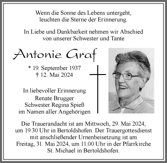 Traueranzeige von Antonie Graf von Allgäuer Zeitung, Marktoberdorf
