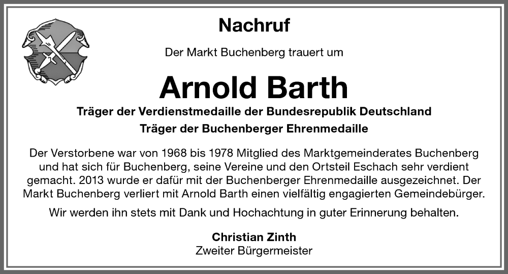  Traueranzeige für Arnold Barth vom 04.05.2024 aus Allgäuer Zeitung,Kempten