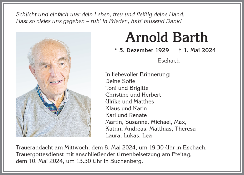  Traueranzeige für Arnold Barth vom 04.05.2024 aus Allgäuer Zeitung,Kempten