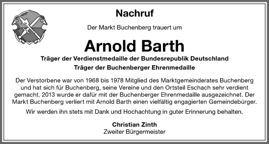 Traueranzeige von Arnold Barth von Allgäuer Zeitung,Kempten