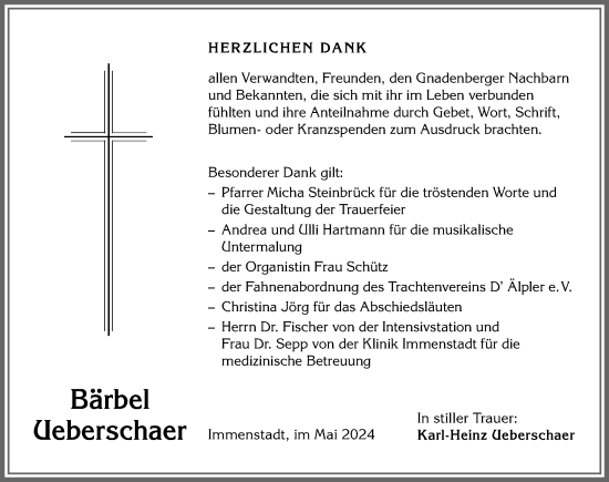 Traueranzeige von Bärbel Ueberschaer von Allgäuer Anzeigeblatt