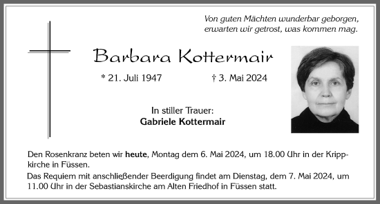 Traueranzeige von Barbara Kottermair von Allgäuer Zeitung, Füssen