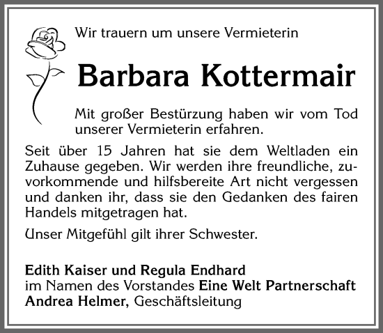 Traueranzeige von Barbara Kottermair von Allgäuer Zeitung, Füssen