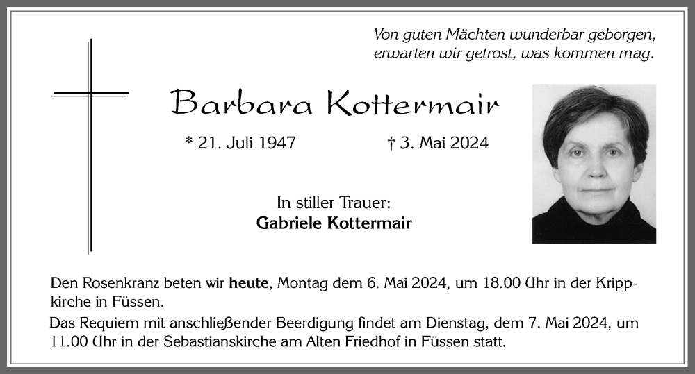  Traueranzeige für Barbara Kottermair vom 06.05.2024 aus Allgäuer Zeitung, Füssen
