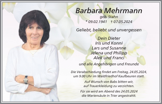 Traueranzeige von Barbara Mehrmann von Allgäuer Zeitung, Kaufbeuren/Buchloe