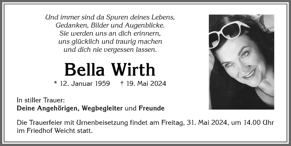  Traueranzeige für Bella Wirth vom 25.05.2024 aus Allgäuer Zeitung, Kaufbeuren/Buchloe