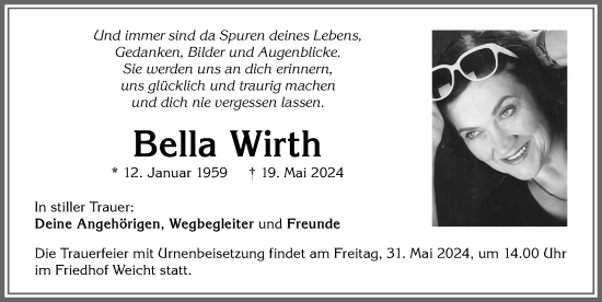 Traueranzeige von Bella Wirth von Allgäuer Zeitung, Kaufbeuren/Buchloe