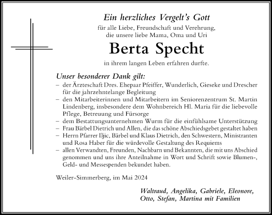 Traueranzeige von Berta Specht von Der Westallgäuer