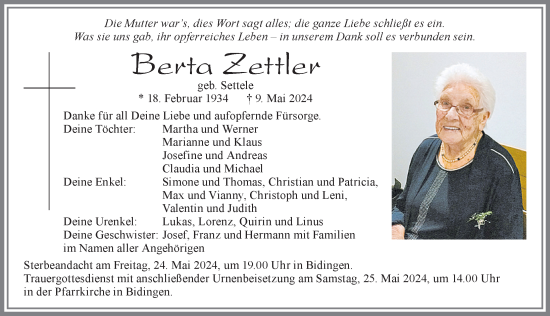 Traueranzeige von Berta Zettler von Allgäuer Zeitung, Marktoberdorf