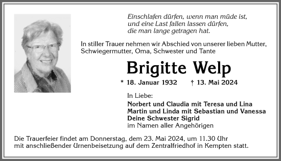 Traueranzeige von Brigitte Welp von Allgäuer Zeitung,Kempten