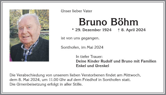 Traueranzeige von Bruno Böhm von Allgäuer Anzeigeblatt