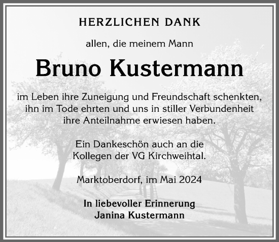 Traueranzeige von Bruno Kustermann von Allgäuer Zeitung, Marktoberdorf