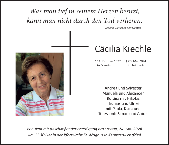 Traueranzeige von Cäcilia Kiechle von Allgäuer Anzeigeblatt