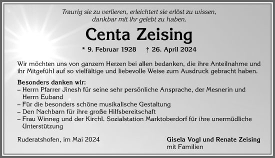 Traueranzeige von Centa Zeising von Allgäuer Zeitung, Marktoberdorf