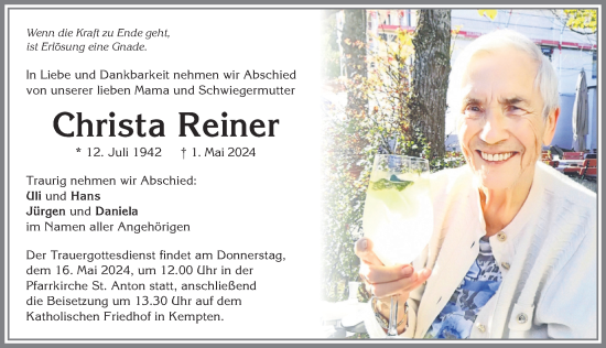 Traueranzeige von Christa Reiner von Allgäuer Zeitung,Kempten