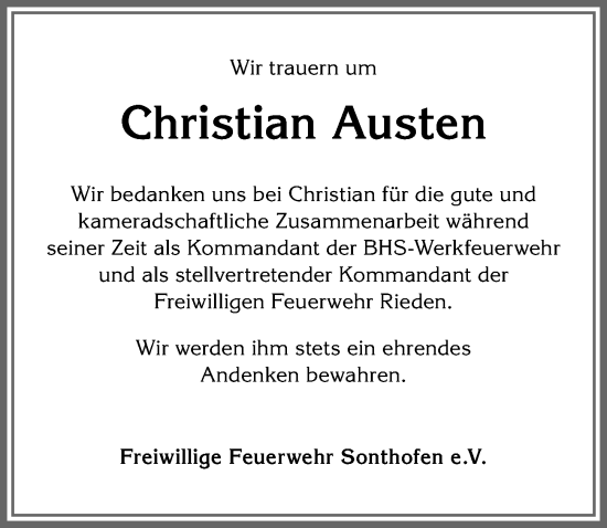 Traueranzeige von Christian Austen von Allgäuer Anzeigeblatt