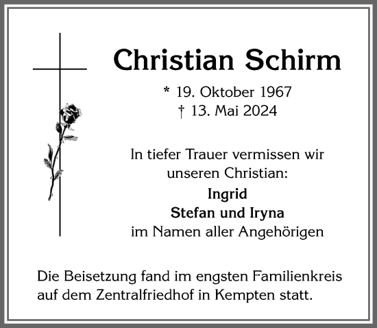 Traueranzeige von Christian Schirm von Allgäuer Zeitung,Kempten