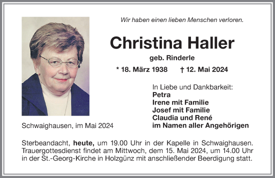 Traueranzeige von Christina Haller von Memminger Zeitung