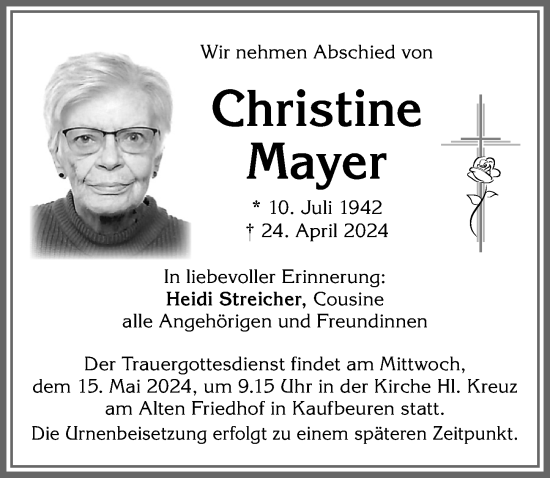 Traueranzeige von Christine Mayer von Allgäuer Zeitung, Kaufbeuren/Buchloe
