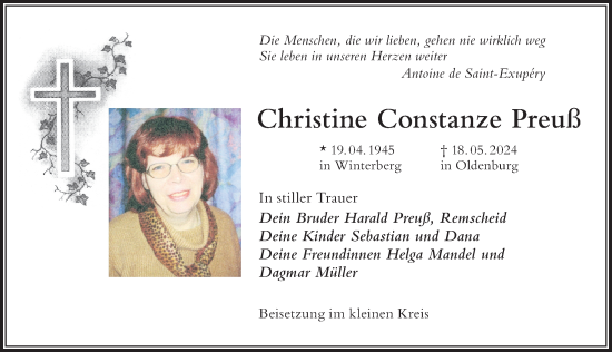 Traueranzeige von Christine Constanze Preuß von Der Westallgäuer